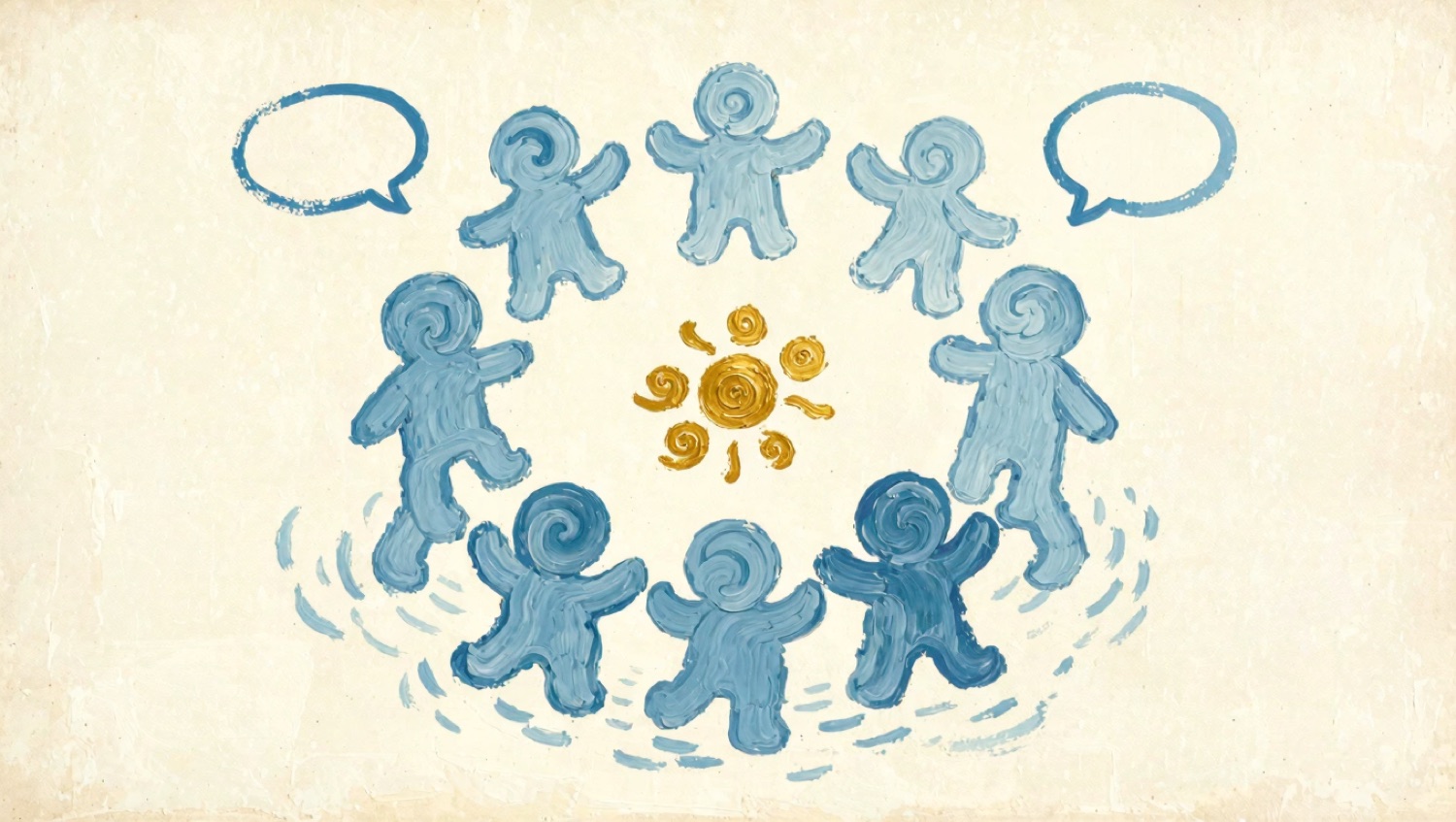 A painted circle of small blue figures holding hands around a little golden sun