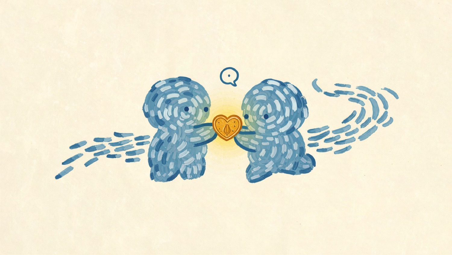 Two painted blue figures, one handing the other a small golden coin-heart