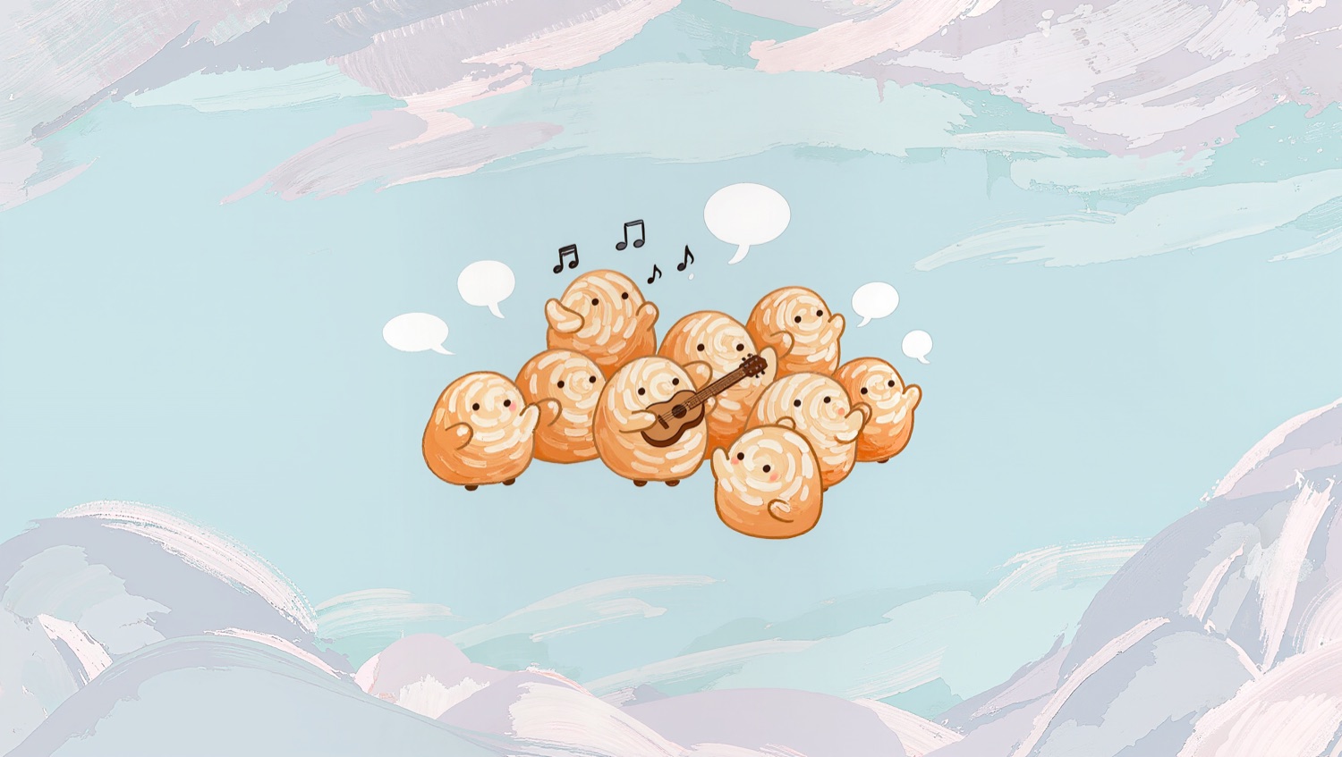 A light-blue Van Gogh style painting of little human figures gathered around a musician, music notes swirling upward
