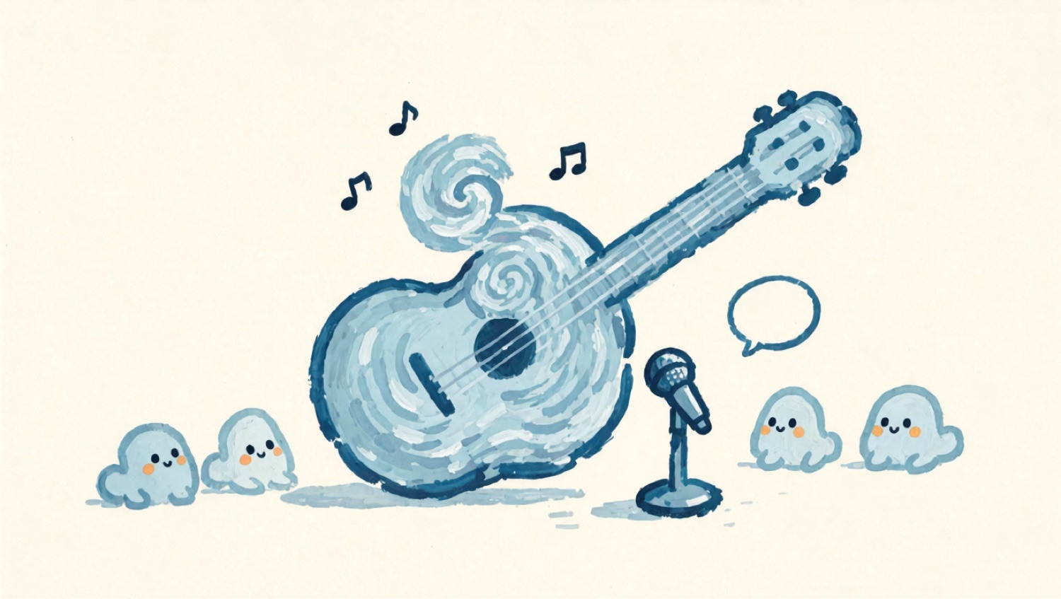 A painted blue figure with a guitar at a small microphone, notes spiraling upward, small figures listening